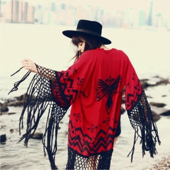 SPELL | Vintage Opium Fringe Tassel Kimono Red + Black - Picture 5 of 11
